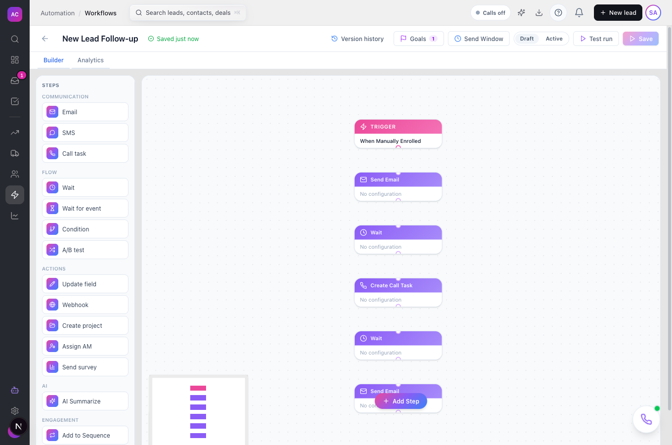 The workflow builder with the step palette and a template flow of trigger, email, wait and call task steps
